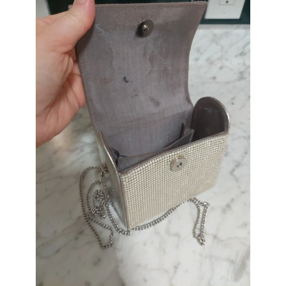 Vintage Whiting & Davis Crossbody Metal Mesh Evening Flap Square Bag Rare Biege